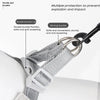 Close-up of a gray reflective mesh pet harness showing double traction rings and a strong buckle mechanism.