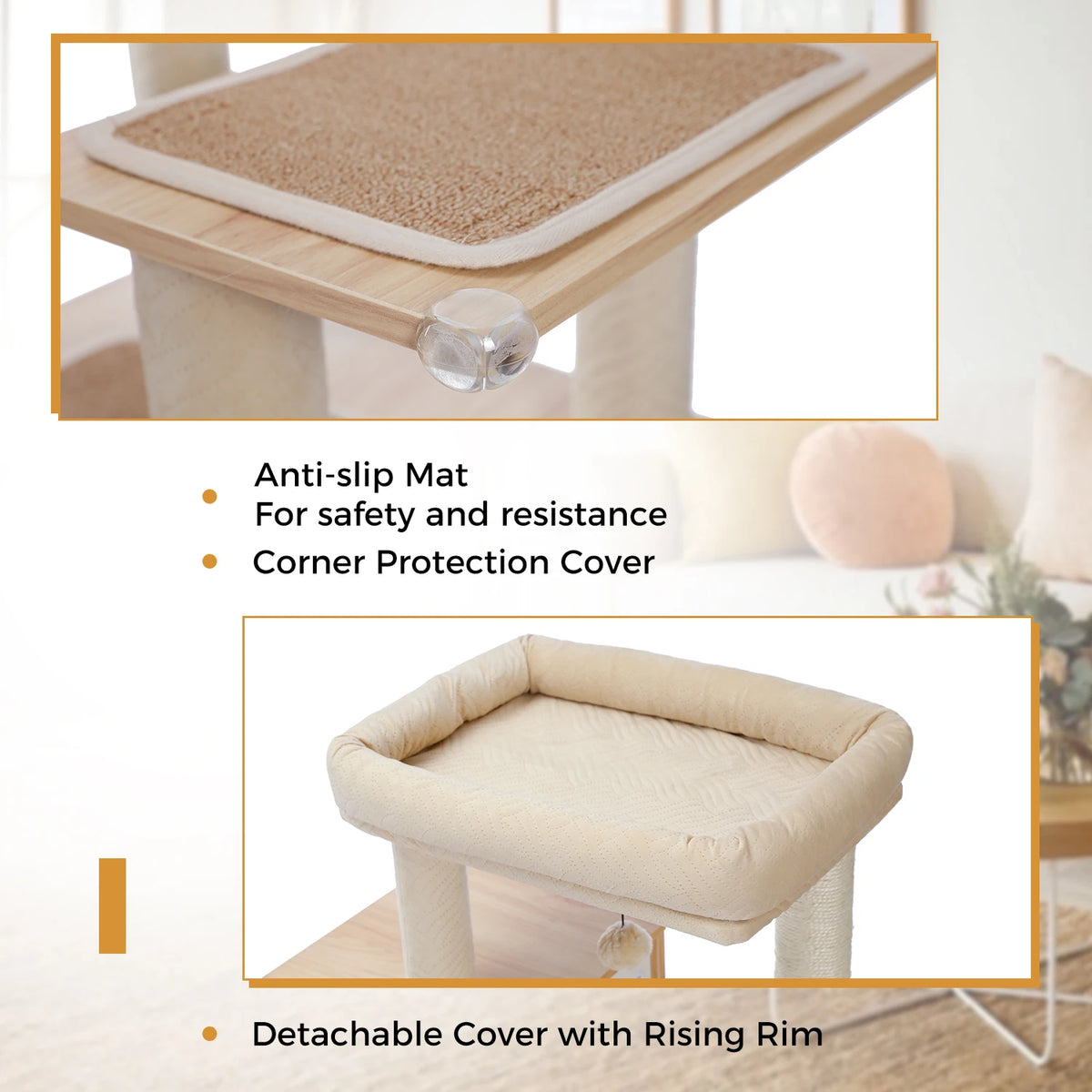 A beige anti-slip mat, corner protection cover, and detachable cover with rising rim for a wooden cat tower.