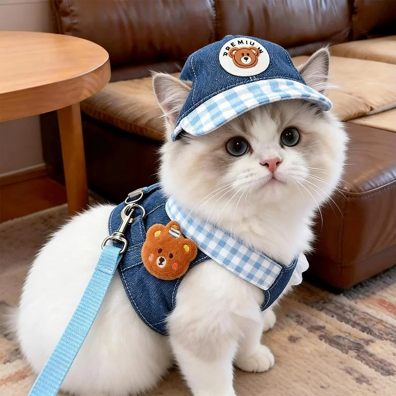 Denim Dog Harness and Leash Set with Matching Hat