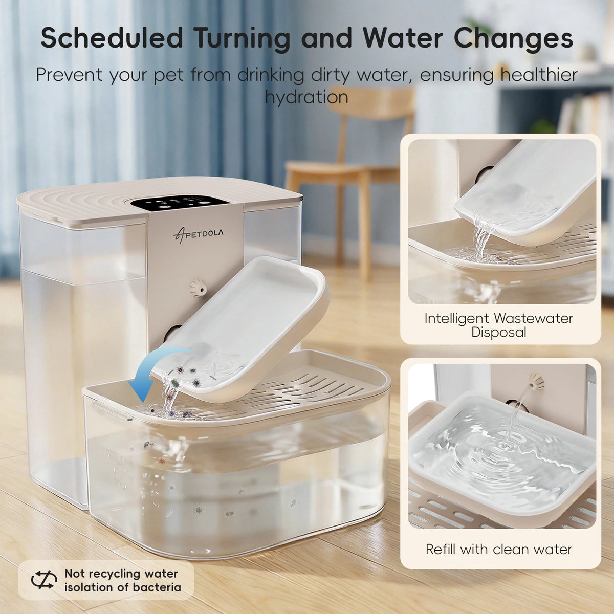 A clear pet water fountain dispenser with a removable bowl and a separate disposable feeding dish for scheduled water changes