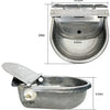 A stainless steel automatic floating water bowl for livestock shown in various angles.