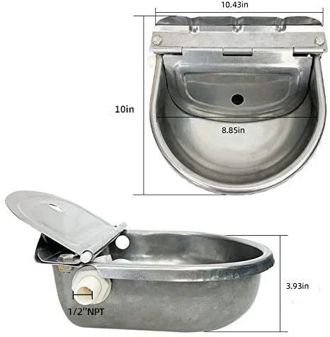 A stainless steel automatic floating water bowl for livestock shown in various angles.