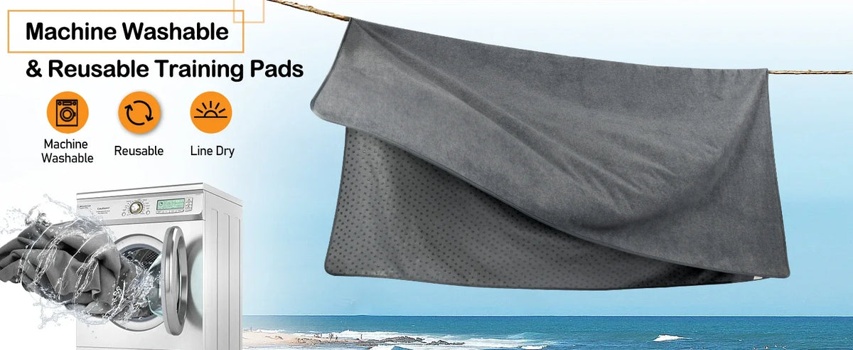 A gray reusable training pad is shown hanging on a line, next to a washing machine.