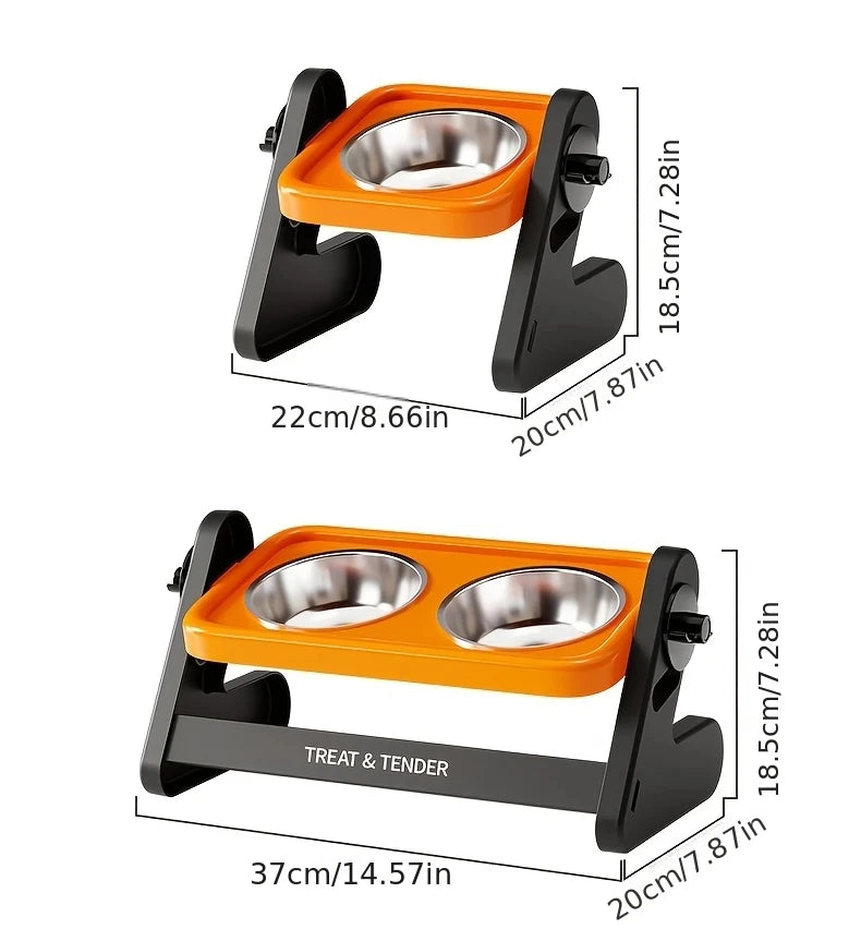 Orange and black adjustable raised cat bowl with a stand for feeding.