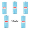 Five rolls of light blue reusable pet poop bags with red arrows indicating direction.