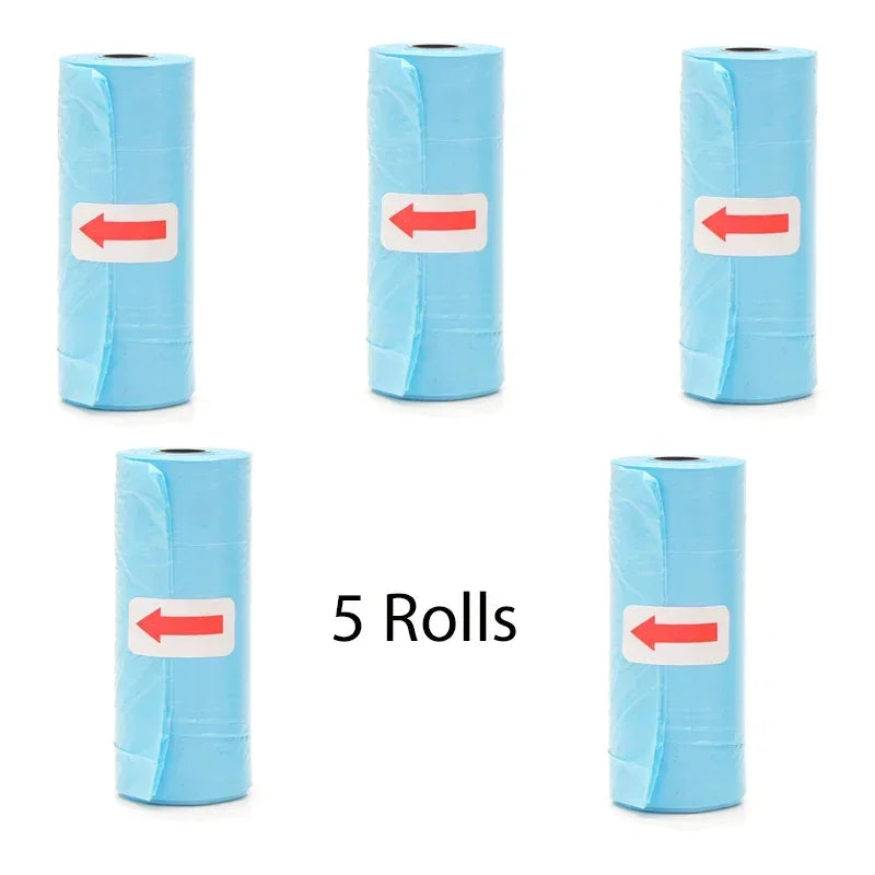 Five rolls of light blue reusable pet poop bags with red arrows indicating direction.