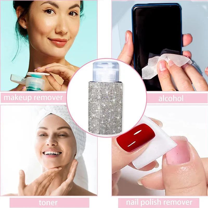 A collage showing a refillable diamond design pump bottle for nail polish remover and makeup, along with a toner and nail pol