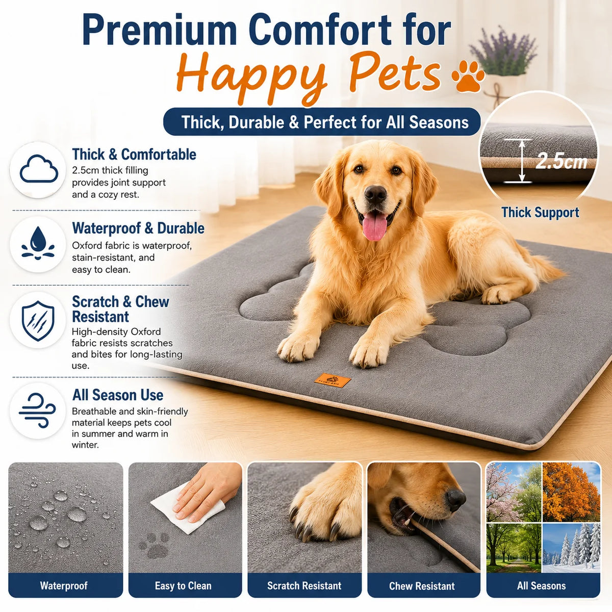 1680D Oxford Waterproof Dog Bed Mat with Sponge Cushion