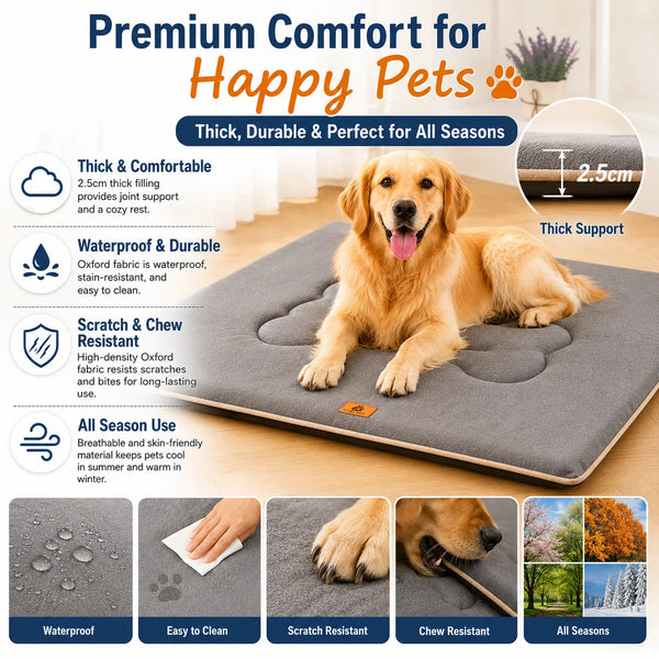 A golden retriever lies on a gray Oxford fabric dog bed mat with a sponge cushion, demonstrating comfort and durability.
