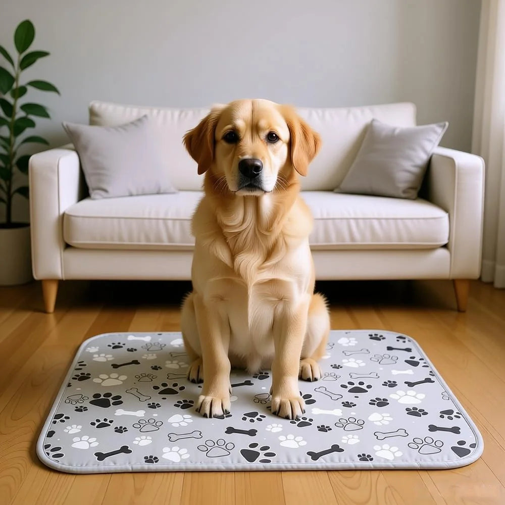 A golden Labrador sits on a gray pet training pad indoors.