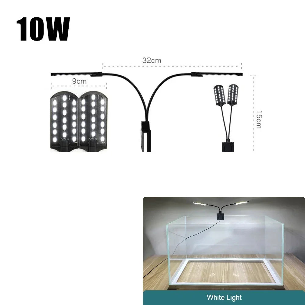A slim clip-on LED aquarium light with a 10W power rating shown alongside its dimensions and usage in an aquarium.