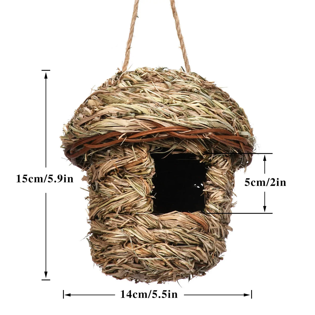 Handwoven natural grass bird nest with a woven structure and an entrance hole.