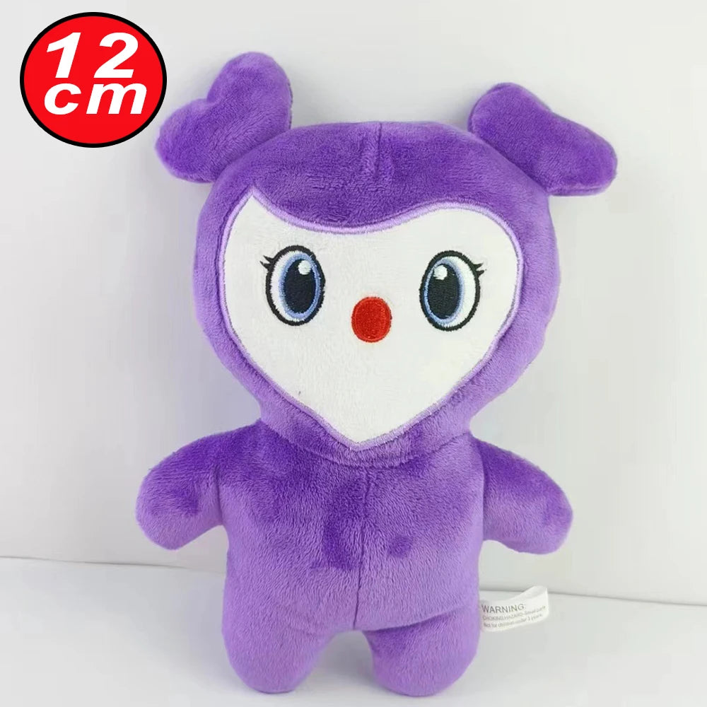 A purple kawaii plush toy resembling a cartoon character with large eyes and pink nose.