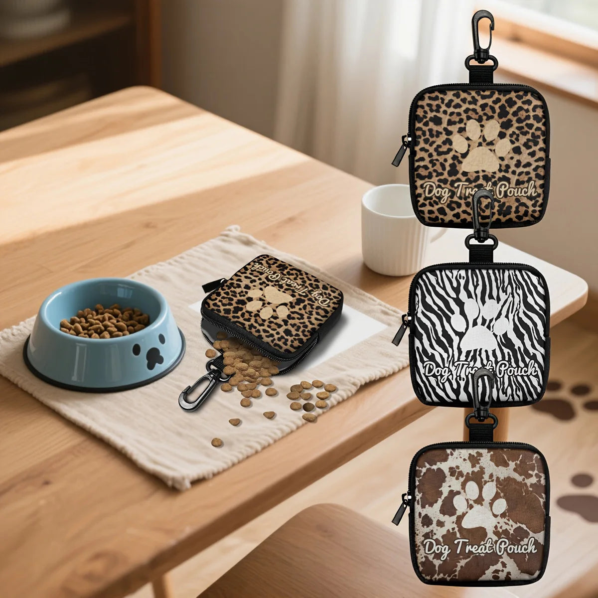 A black leather pet treat pouch with a leopard print design is displayed on a wooden table next to a white cup.