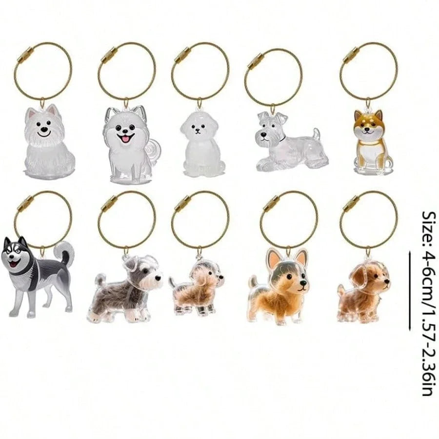 A set of nine pet hair storage keychains featuring various dog and cat silhouettes.