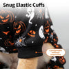 Close-up of a dog wearing black and orange Halloween print snug elastic cuffs on its paw.