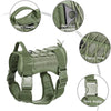A tactical dog harness in olive green showing various components like the carry handle, leash connector, elastic strap, and t