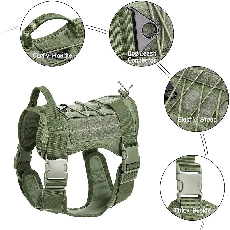 A tactical dog harness in olive green showing various components like the carry handle, leash connector, elastic strap, and t