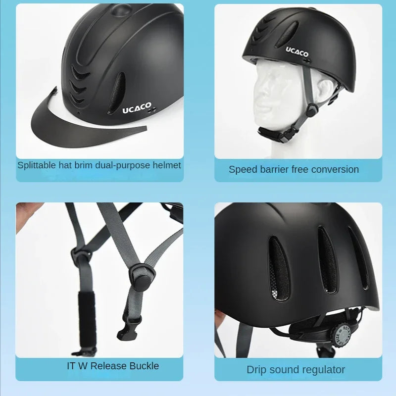 Black UCACo helmet showing features like a splittable brim, speed barrier free conversion, IT W release buckle, and drip soun