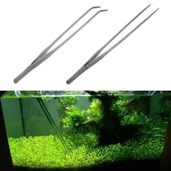 A pair of stainless steel aquarium planting tweezers shown above a planted aquatic environment.