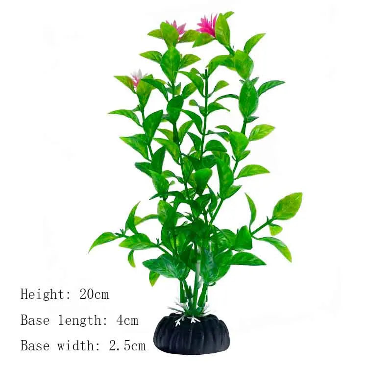 A vibrant green artificial aquarium plant with pink flowers, shown standing on its base.
