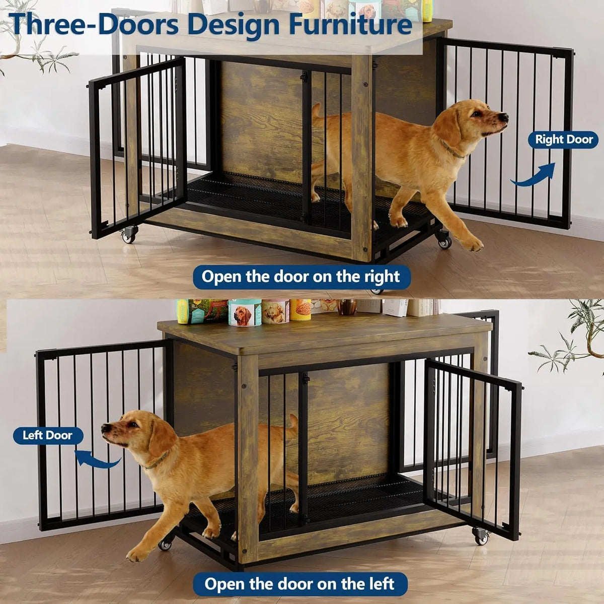 Wooden Dog Crate Furniture with 3 Doors and Locking Wheels