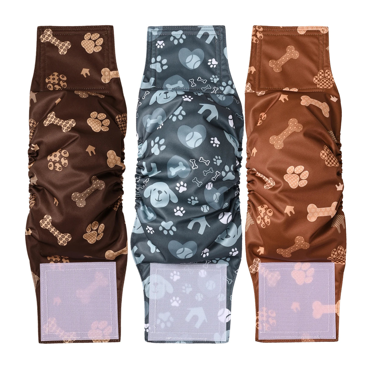 Three reusable adjustable belly bands for male dogs in brown and gray patterns.