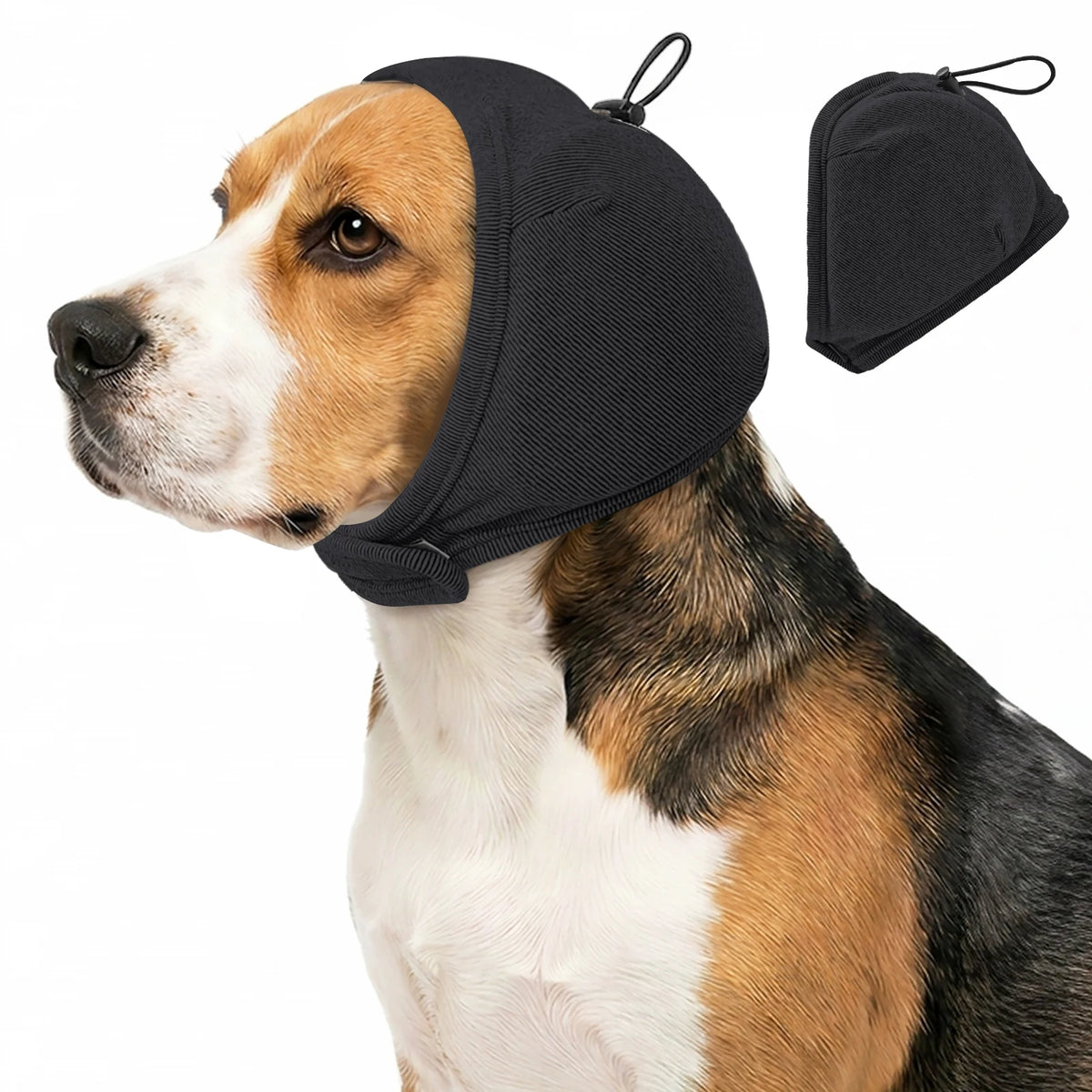 A dog wearing a black calming ear wrap hood, with an extra piece shown separately.