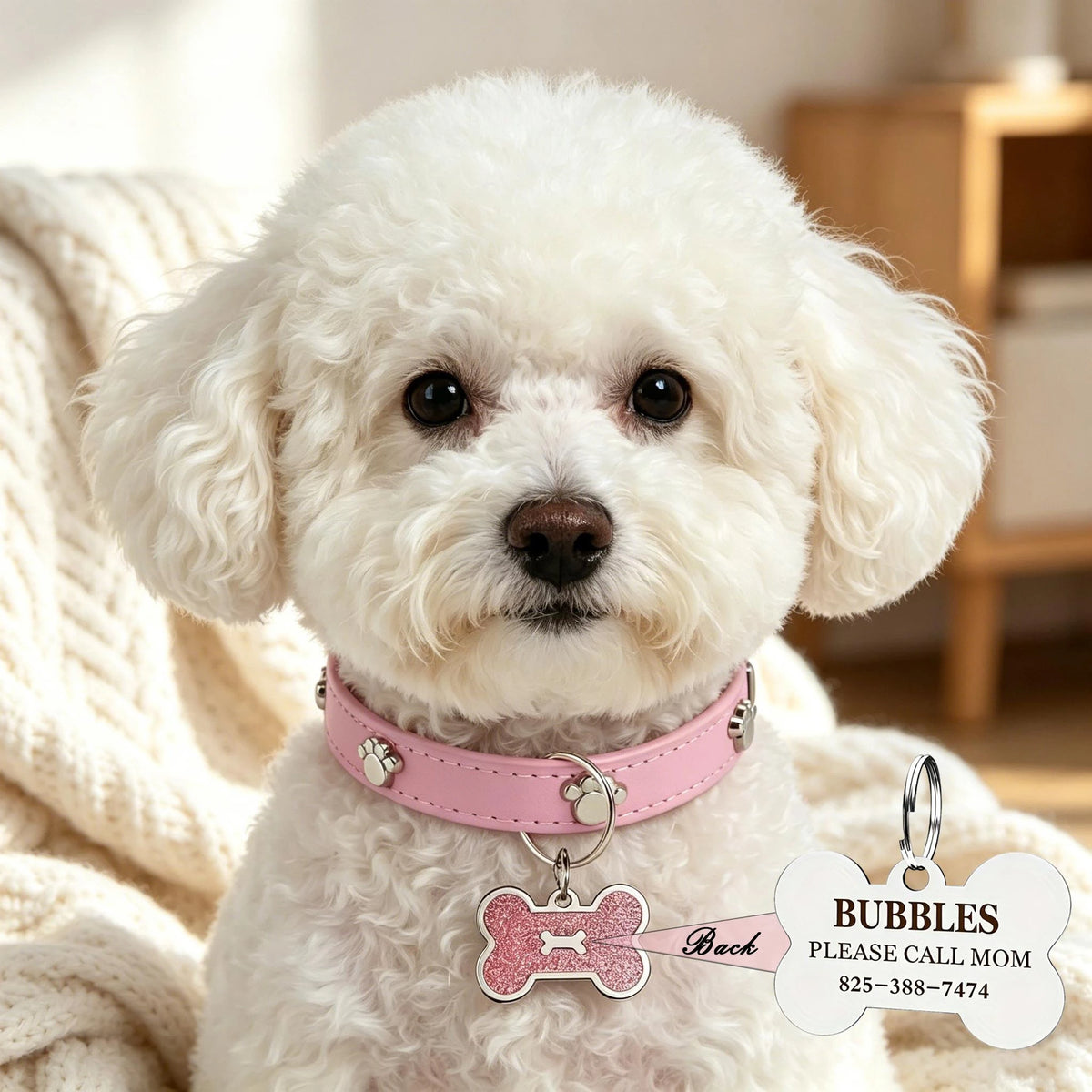 A fluffy white dog wearing a pink collar with a bone-shaped tag and a butterfly charm.