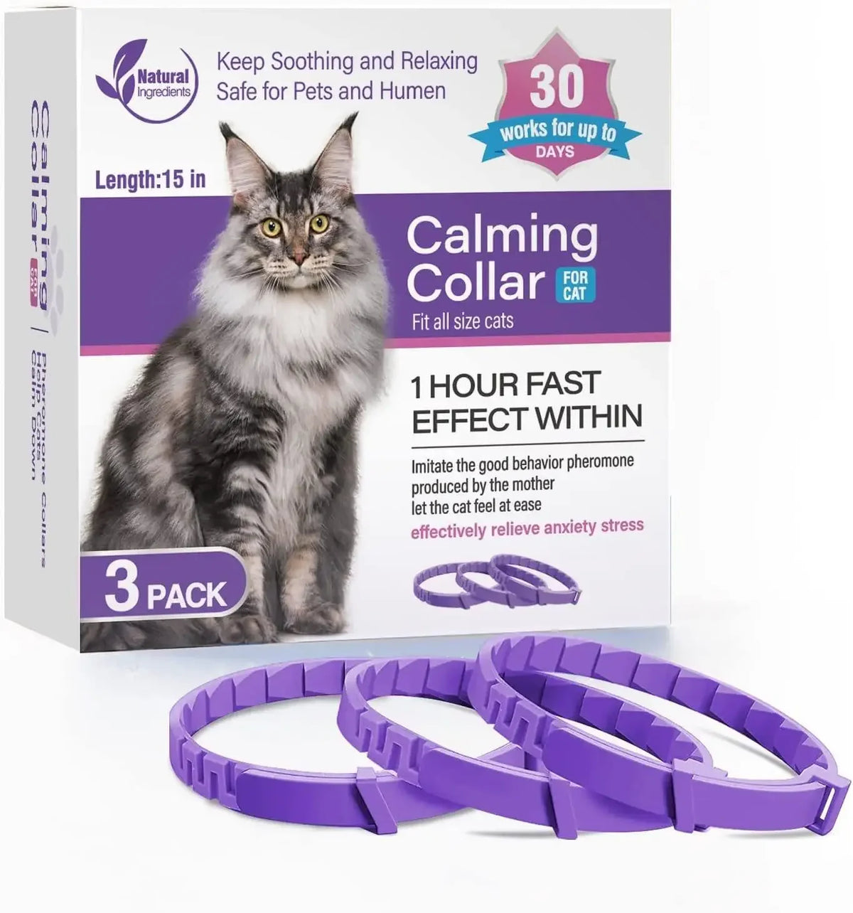 Una caja de collares relajantes para gatos con tres collares morados dispuestos sobre una superficie blanca.