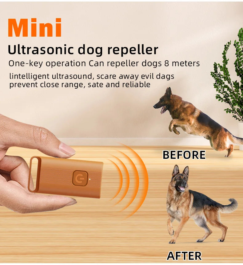 A hand holds a mini ultrasonic dog repeller device, demonstrating its use to scare away a dog.
