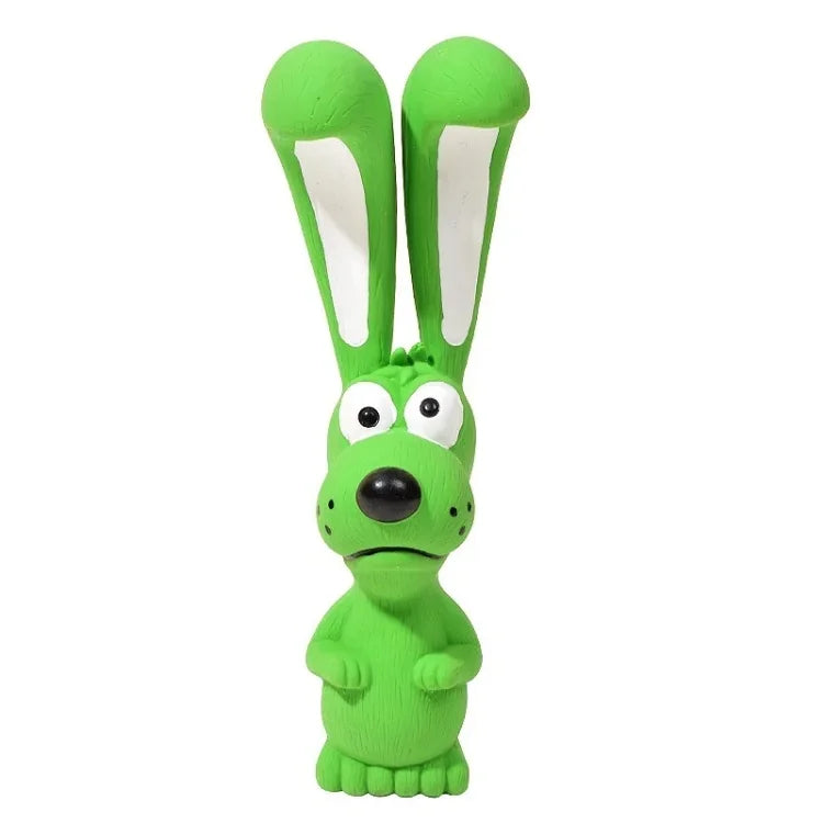 A bright green rubber squeaky rabbit chew toy for dogs.