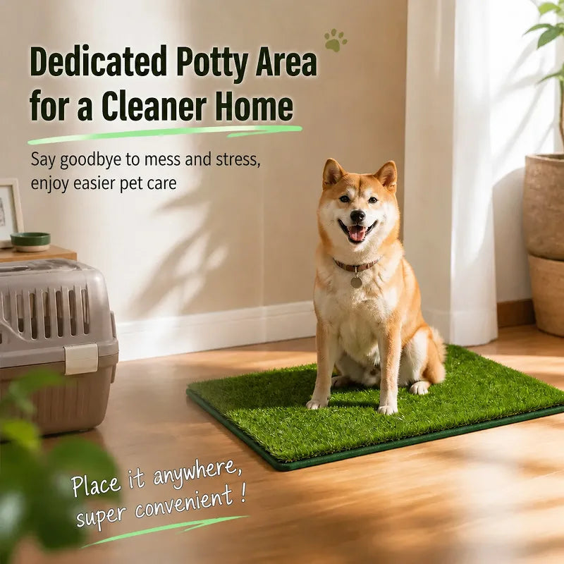A dog is sitting on a green mat designed as a dedicated potty area for pet training.