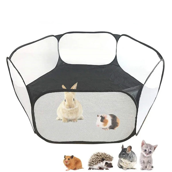 A portable folding pet playpen with a black frame and white mesh enclosure, featuring several small animals.