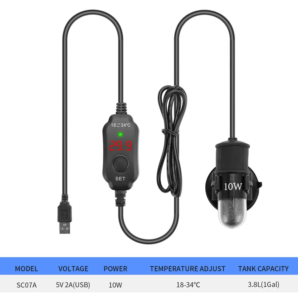 USB mini submersible aquarium heater with a cord and 10W power output