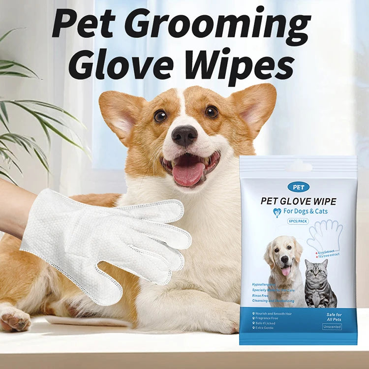 A dog is shown next to a white grooming glove wipe package for pets.