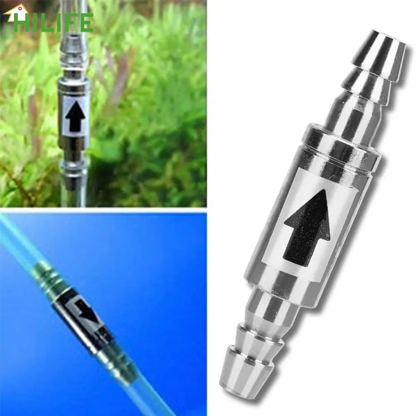 Stainless steel CO2 check valve with an upward arrow indicator, shown in close-up views.