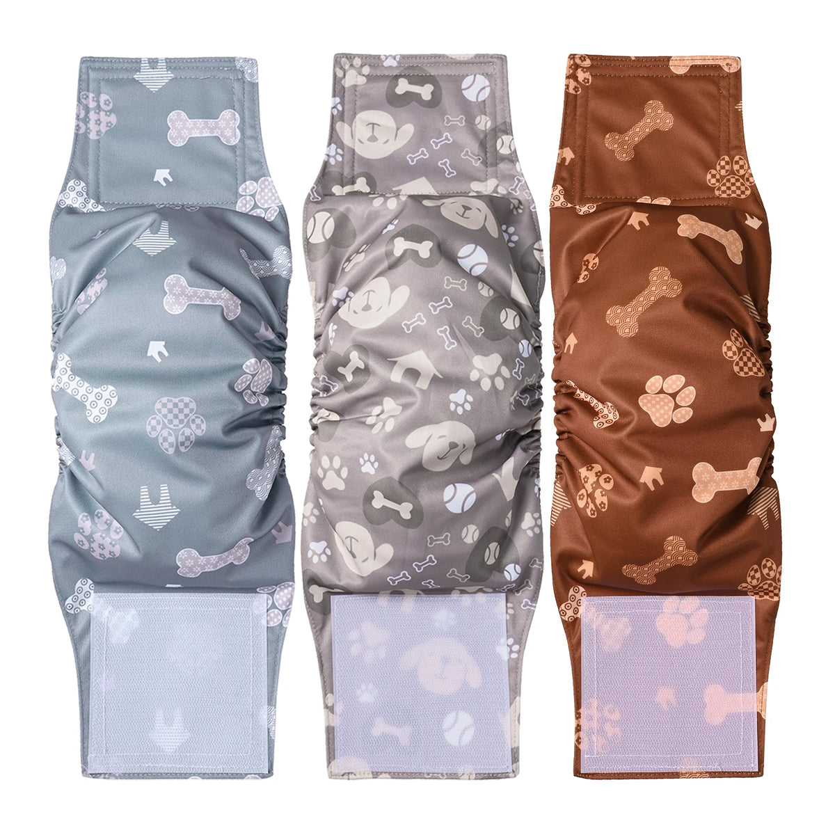 Three reusable adjustable belly bands for male dogs in gray, light gray, and brown colors.
