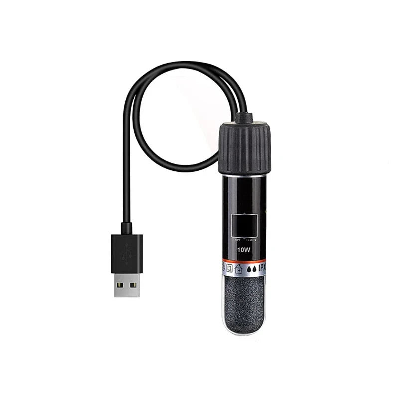 A black USB mini aquarium heater with a flexible cord and a metal plug.
