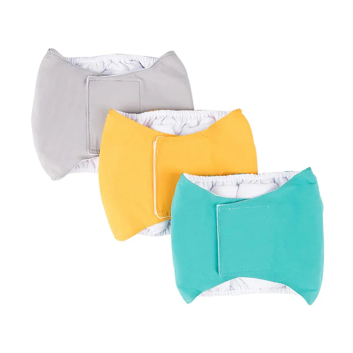 Three reusable cotton dog belly bands in gray, yellow, and teal.