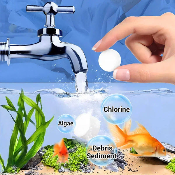 Hand pouring water from a faucet into an aquarium, with chlorine tablets and fish visible.