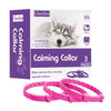 Three pink calming pheromone collars for dogs shown next to their packaging box.