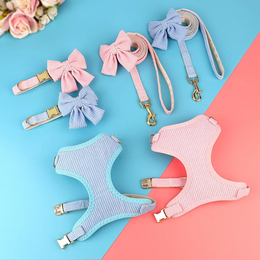 Ein Set aus drei rosa und hellblauen Stoffhalsbändern und Leinen mit dekorativen Schleifen, präsentiert vor blauem Hintergrun
