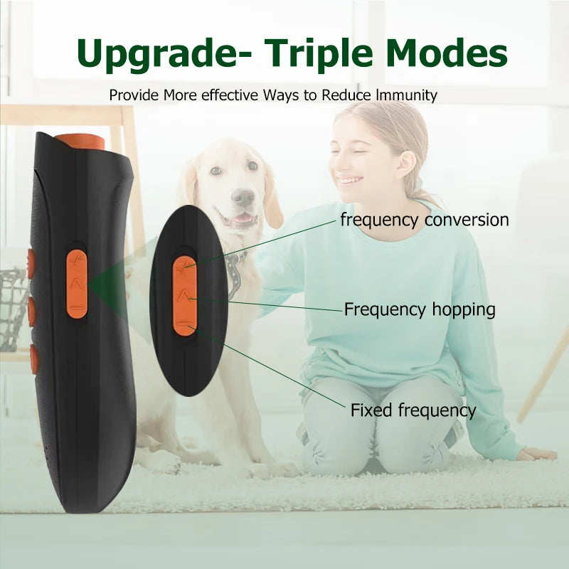 A young girl is sitting on the floor with a dog nearby, demonstrating three modes of an ultrasonic dog bark deterrent device.