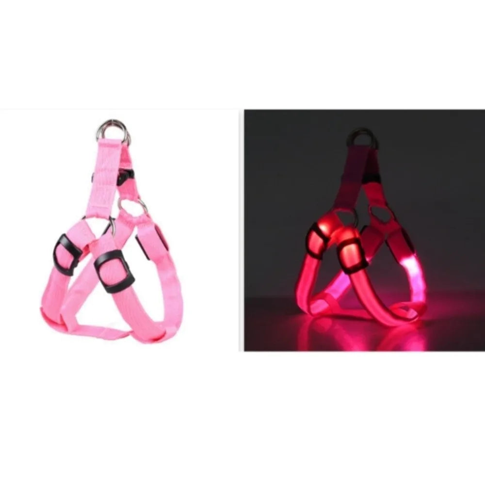 Pink rechargeable LED dog harness with breathable mesh shown in two views.