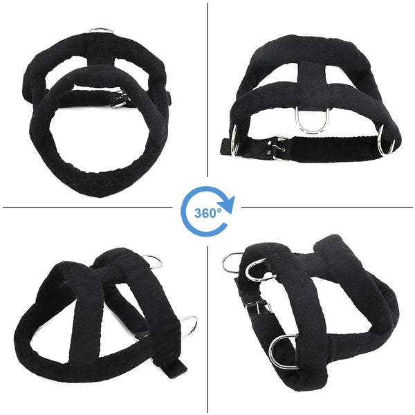 Black adjustable weight pulling training harness for medium and large dogs shown from multiple angles