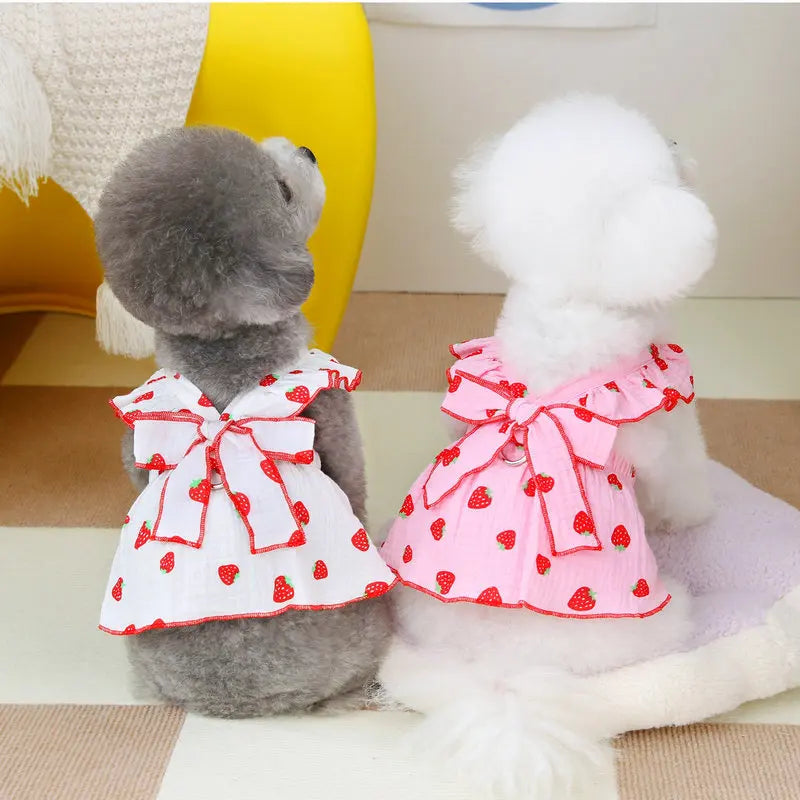 Strawberry Print Dog Dress with Bow for Small Breeds