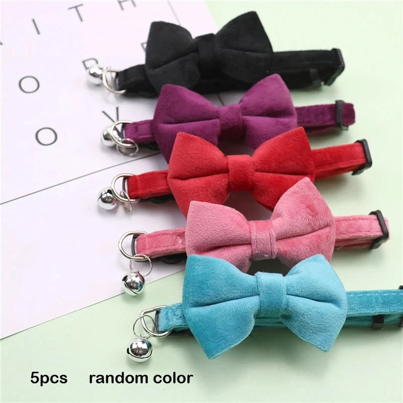 Five plush velvet pet collars featuring bows in various colors including black purple red pink and blue