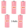 Five rolls of pink reusable pet poop bag dispensers with leash clips shown vertically.
