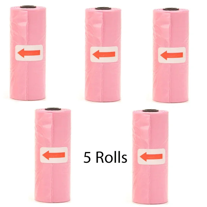 Five rolls of pink reusable pet poop bag dispensers with leash clips shown vertically.